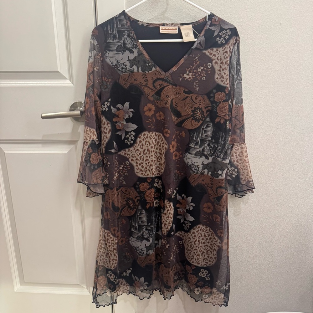 Expressions Multicolor Y2K Floral Animal Print Long Sleeve Dress Large
